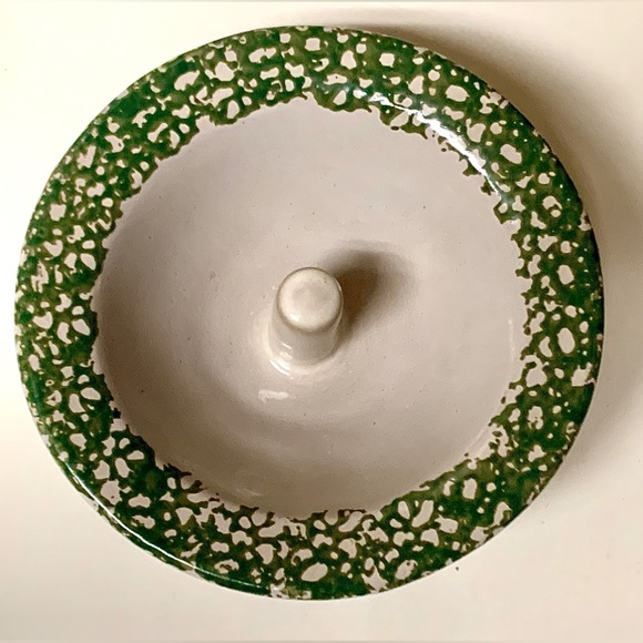 Vintage Unused Glazed Clay Pottery ORIGINAL APPLE BAKER Green Spongeware Trim - Picture 13 of 16